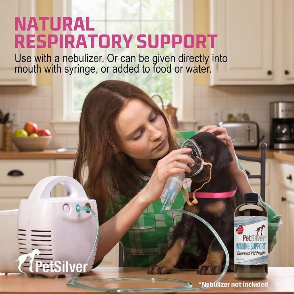 PetSilver Immune Support, Natural Nebulizer Solution, Promotes Respiratory Health in Cats & Dogs, Allergies, Sinus & Cough Treatment, Easy to Use, Patented Chelated Silver, Made in The USA, 16 fl oz