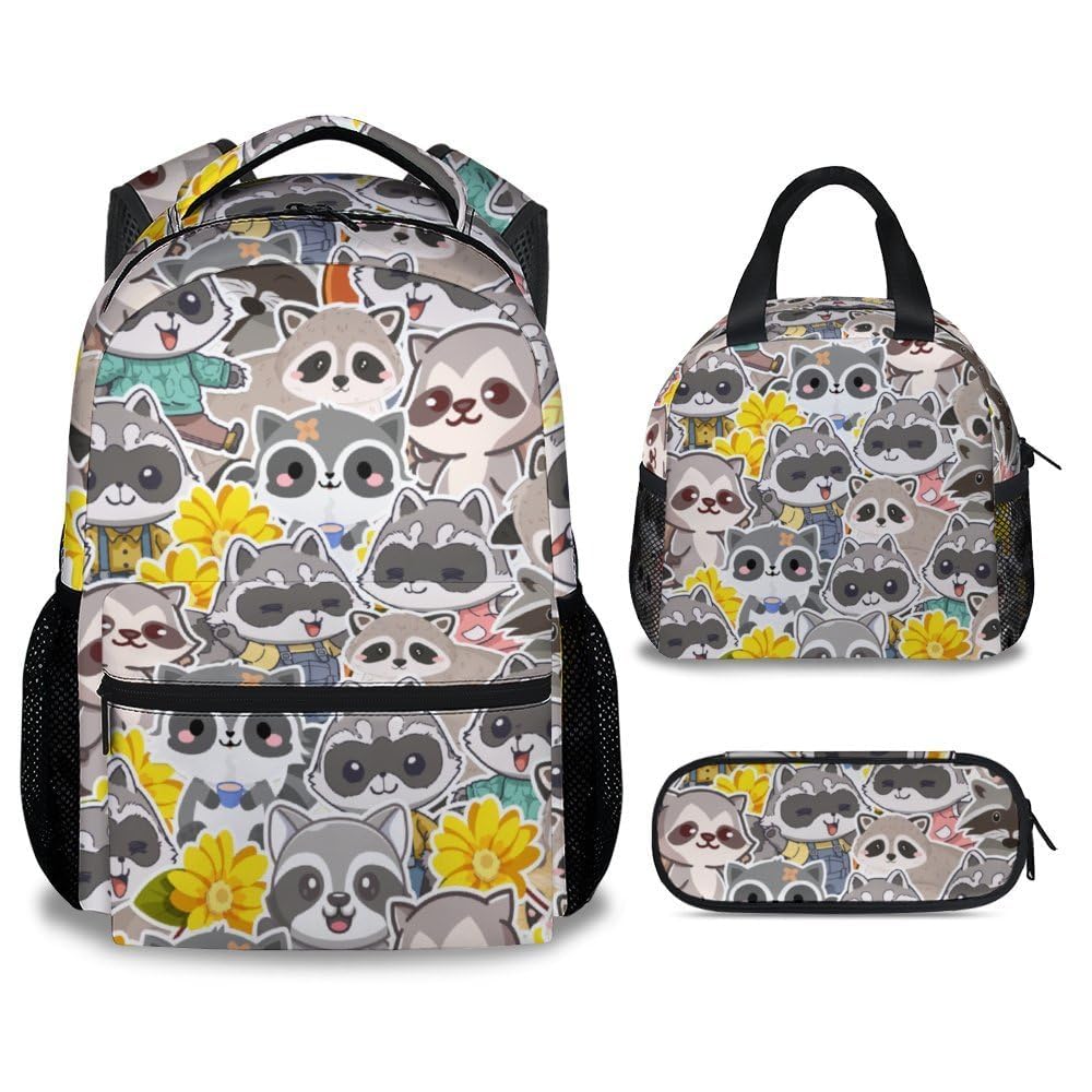 NICEFORNICE Raccoon Kids Backpack with Lunch Box, Set of 3 School Backpacks Matching Combo, Cute Brown Bookbag and Pencil Case Bundle