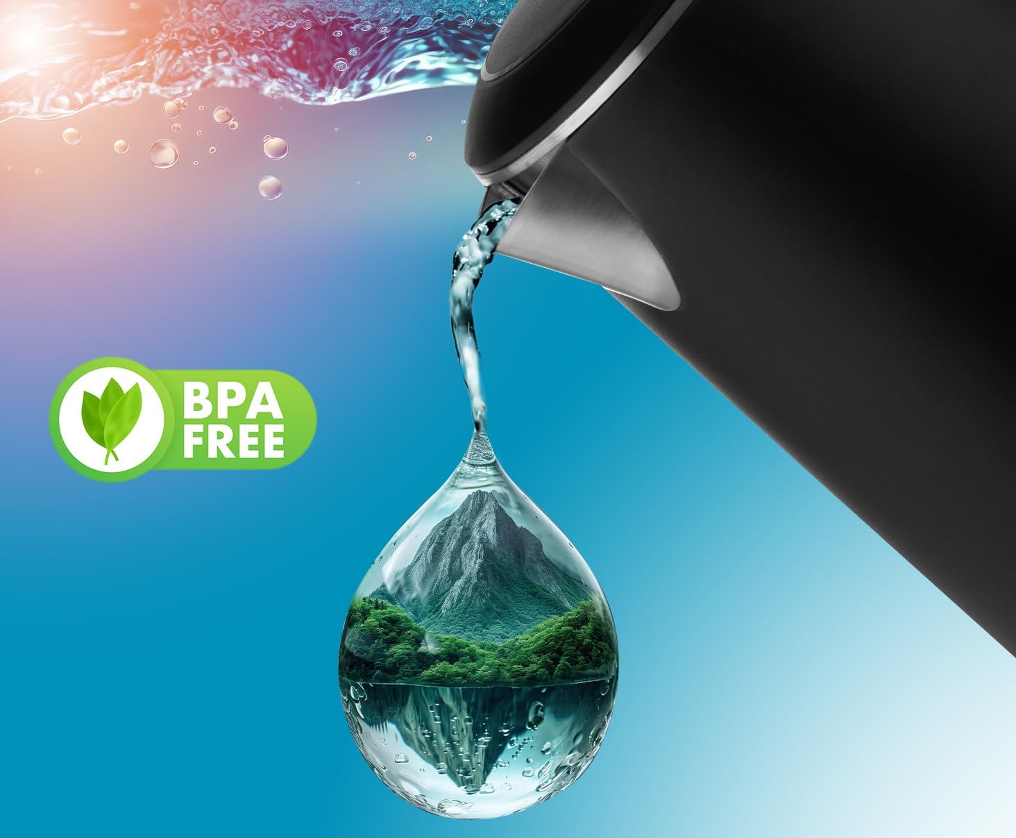 Water pouring from kettle with BPA Free label