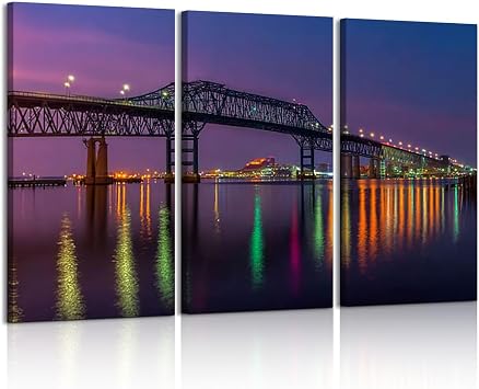 3 Piece Canvas Wall Art Prints Picture Francis Key Bridge Baltimore skyline Framed Wall Painting Modern Artwork Poster Home Decor for Living Room Office Ready to Hang
