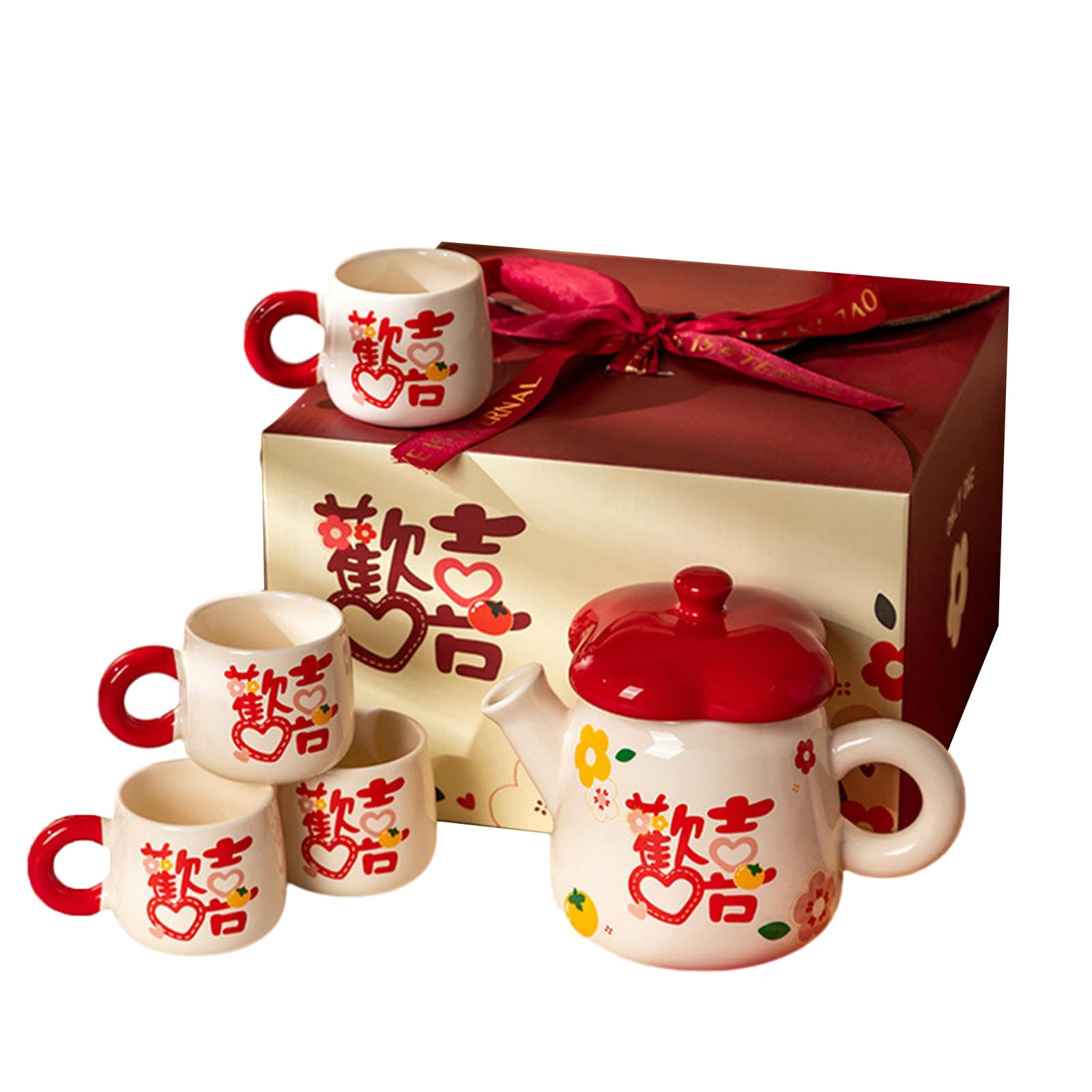 Juego de té festivo creativo y personalizado, juego de agua de cerámica para el hogar, té de tarde de boda, juego de agua feliz, una olla y cuatro tazas