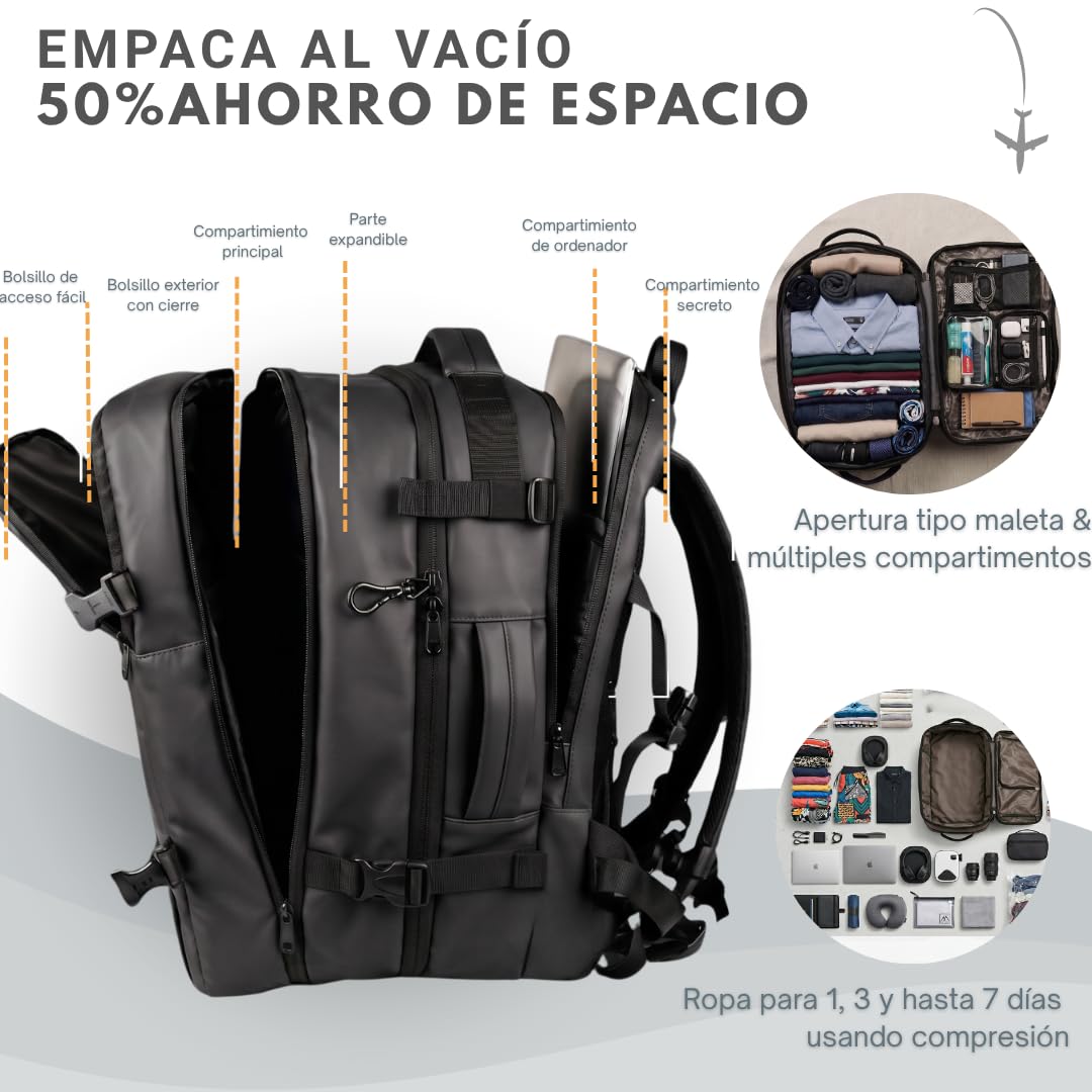 Mochila al Vacio – Mochilas de Viaje para Avion con Apertura Tipo Maleta, Compresión al Vacío, Puerto USB, Candado TSA y Diseño Compatible con Cabina (Negro)