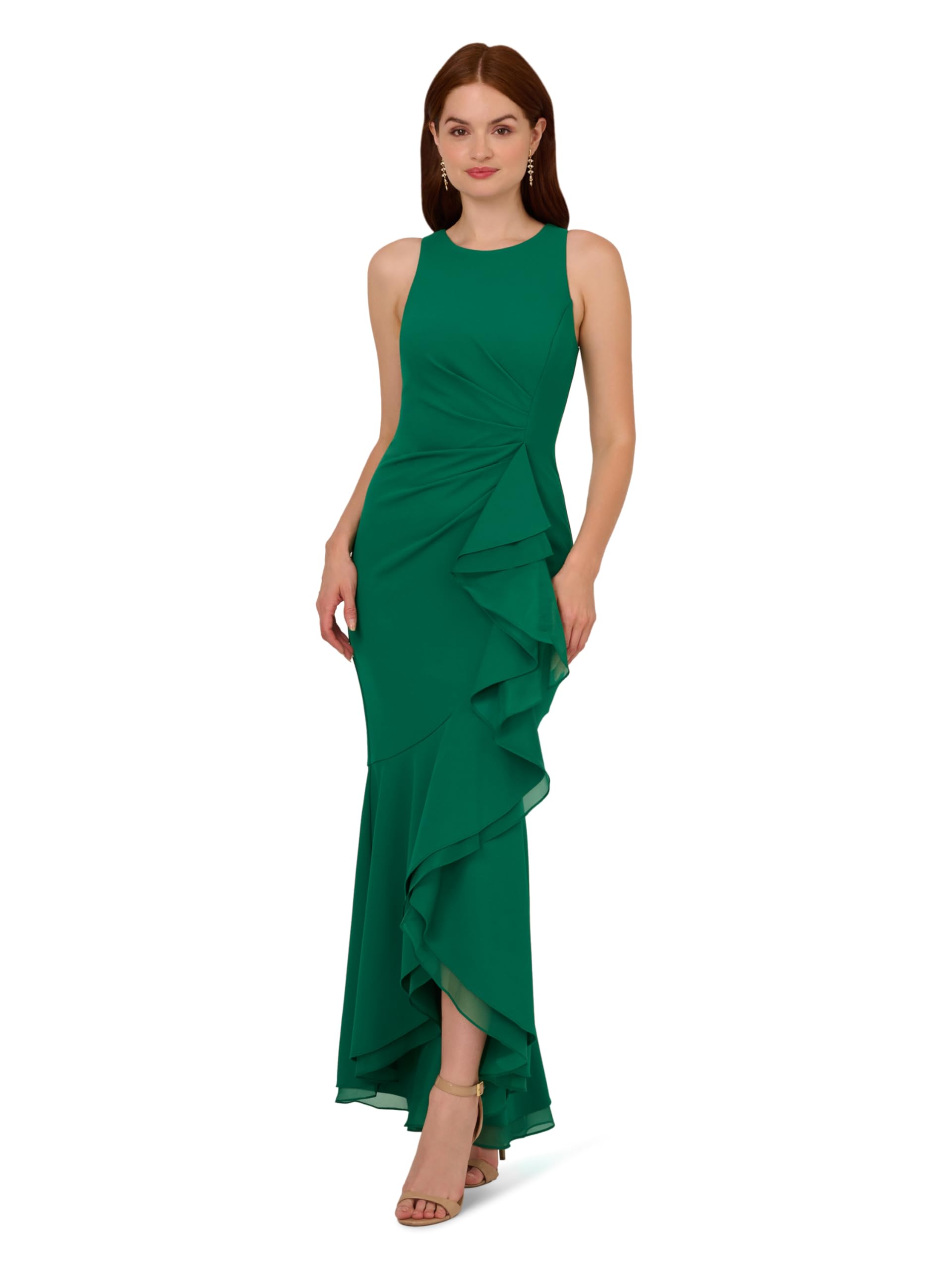 Adrianna Papell Women's Ruffle Crepe Halter Gown Special Occasion Dress, Radiant Emerald, 14