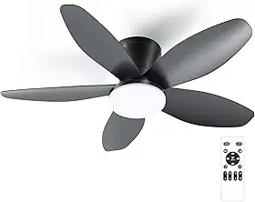 Ventilador de Teto Preto 88 cm, 110-240V de Energia, Ventilador de Teto com Luz LED e Controle Remoto, Luzes Tricolores, Motor DC Reversível, 6 Velocidades