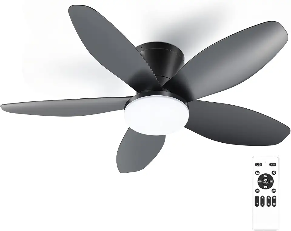 Ventilador de Teto Preto 88 cm, 110-240V de Energia, Ventilador de Teto com Luz LED e Controle Remoto, Luzes Tricolores, Motor DC Reversível, 6 Velocidades
