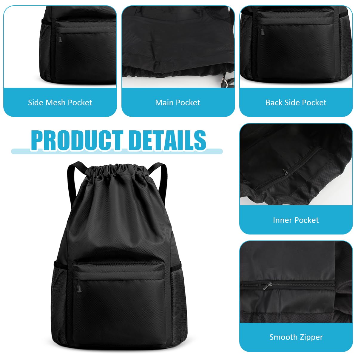 Mochila Deportiva con Cordón, Unisex, Gran Capacidad, Impermeable | Con Compartimentos, Ajustable, Para Deporte, Escolar, Gimnasio, Casual, Viaje, Playa
