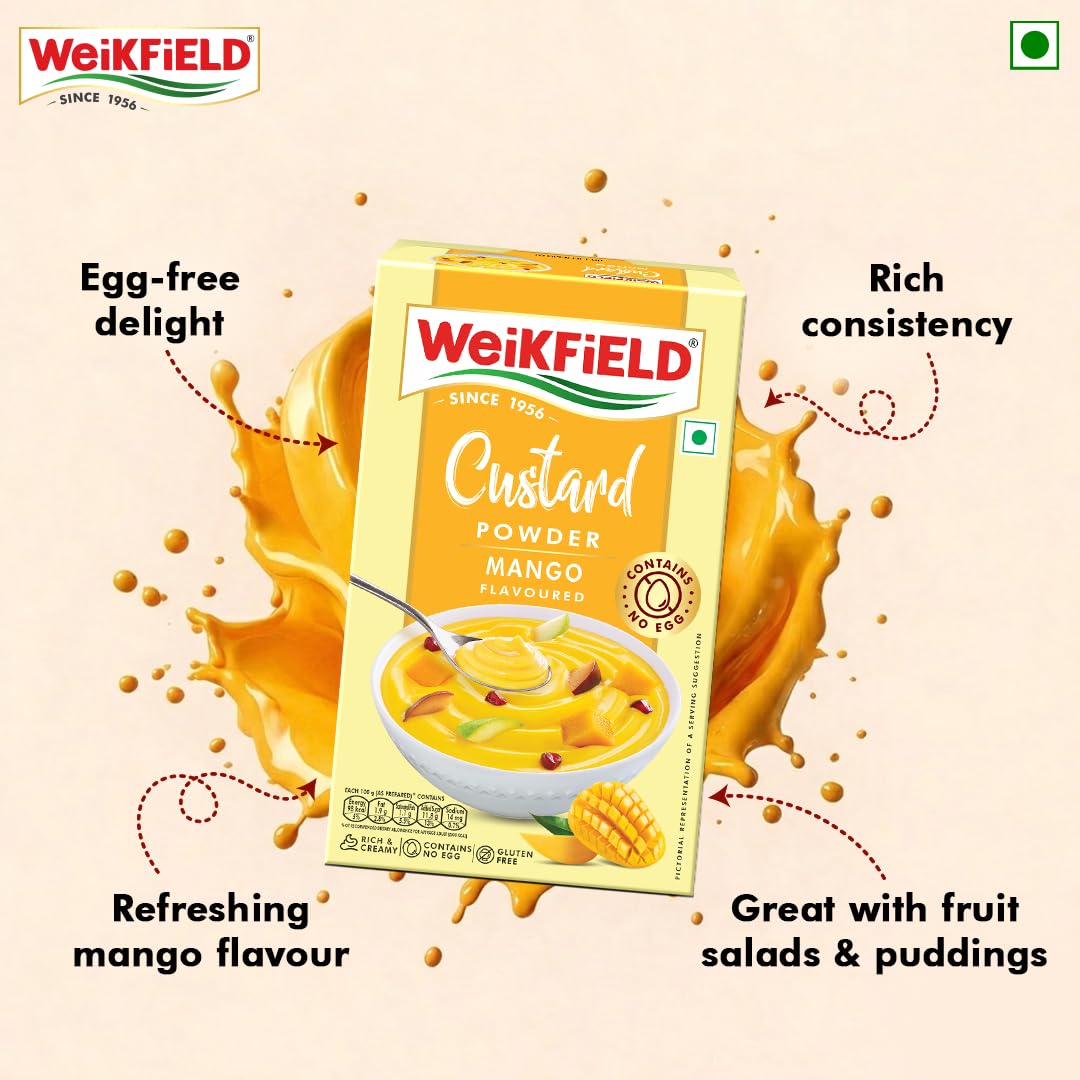 Weikfield Custard Powder | Mango Flavour | Makes Smooth & Creamy Custard | Contains Quality Ingredients | Best For Fruit Salads & Puddings | 100% Vegetarian | 75g Carton 1