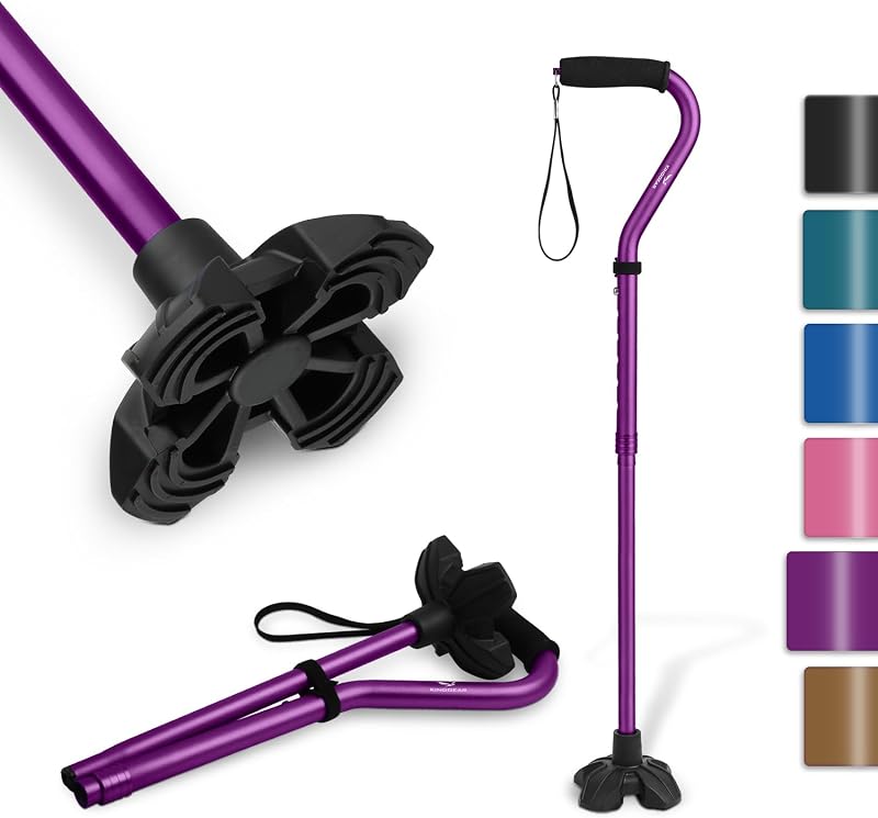 Bastón para caminar con base cuádruple para personas mayores | Aluminio liviano, diseño plegable, altura ajustable de 31 a 36 pulgadas, manija desplazada de EVA, base cuádruple independiente