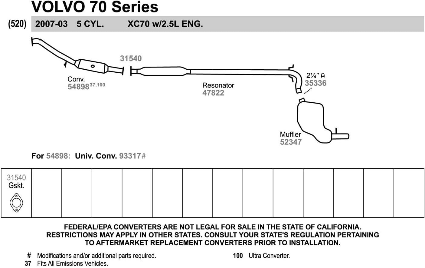Walker 47822 Direct Fit Exhaust Resonator and Pipe Assembly 2.375" Outlet (OD) for Volvo XC70