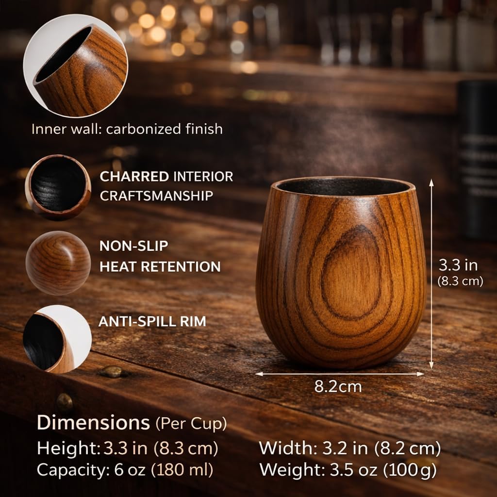 Charred Wooden Bourbon Drinking Glass (Set of 2) – Hand Carved Whiskey Glass with Real Fire Charred Interior – Wooden Bourbon Tumbler Gift Box for Men, Dad, Husband – Unbreakable Old Fashioned Cup