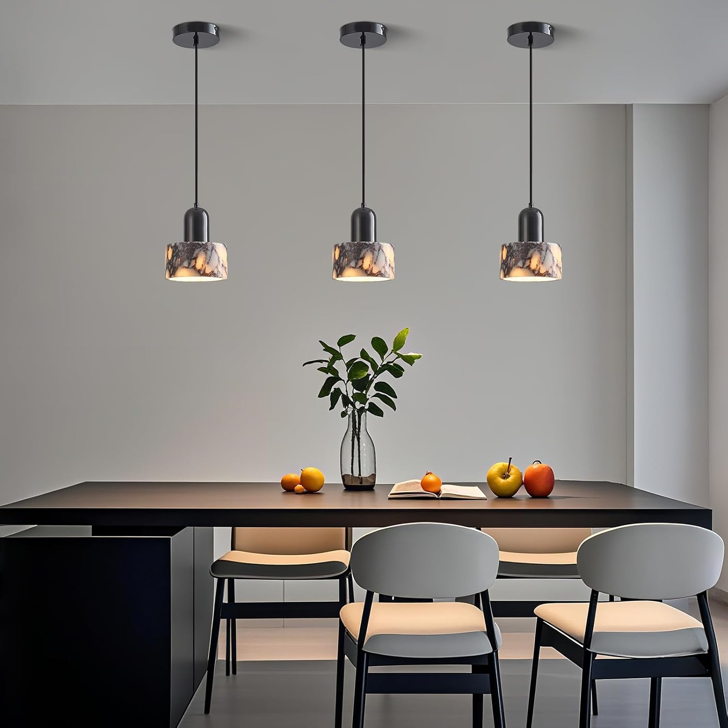 Natural Stone Pendant Lights Kitchen Island, Black Pendant Light Fixtures, Pendant lamp Marble Cylinder Shade Brass with Black Rubbed Gold Finish for Bedroom Bathroom Dining Room Living Room