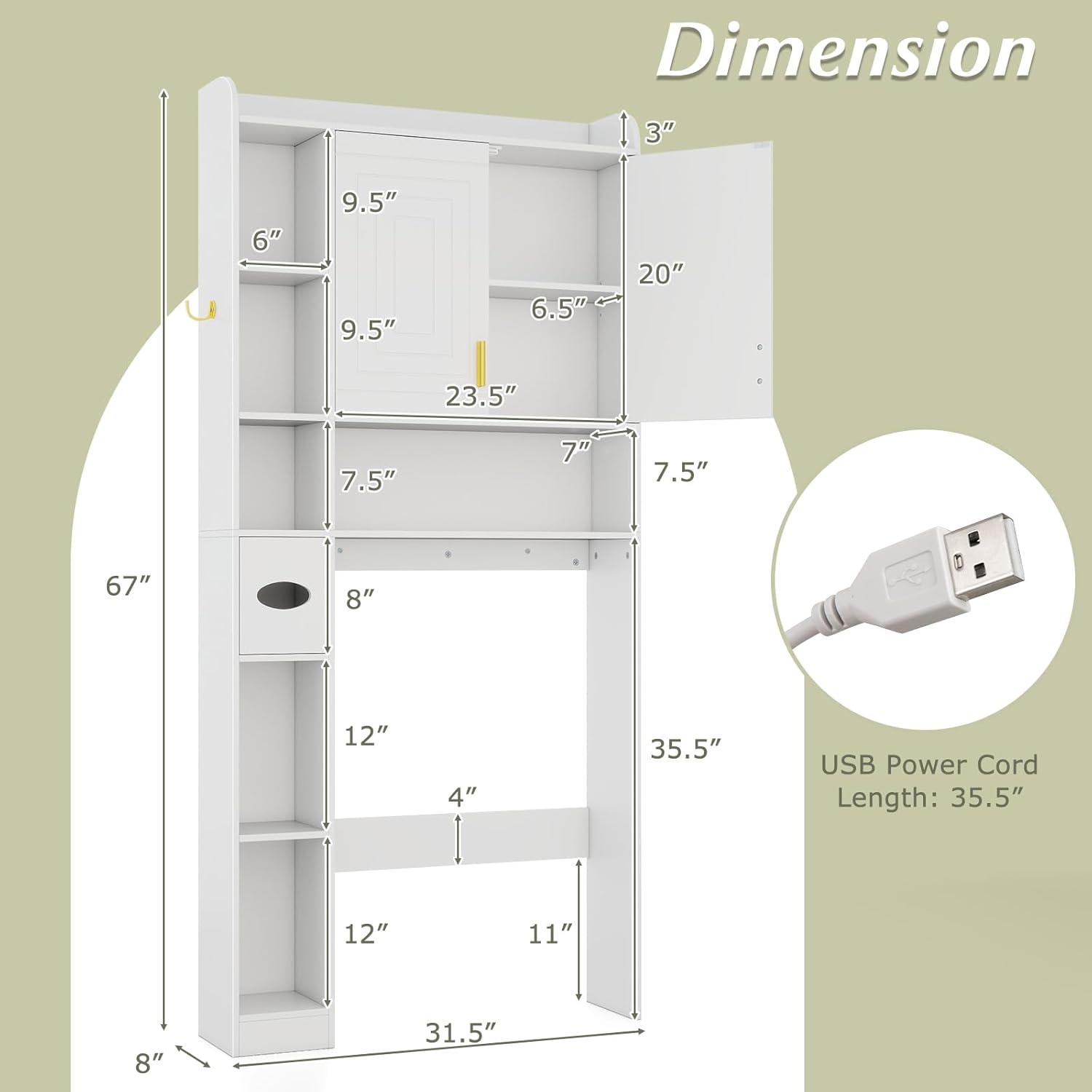 Giantex Over The Toilet Storage Cabinet, 31.5''W Freestanding Space Saver with LED Light, Toilet Paper Holder, Side Hook & Adjustable Shelf, Over Toilet Bathroom Organizer for Laundry, Restroom