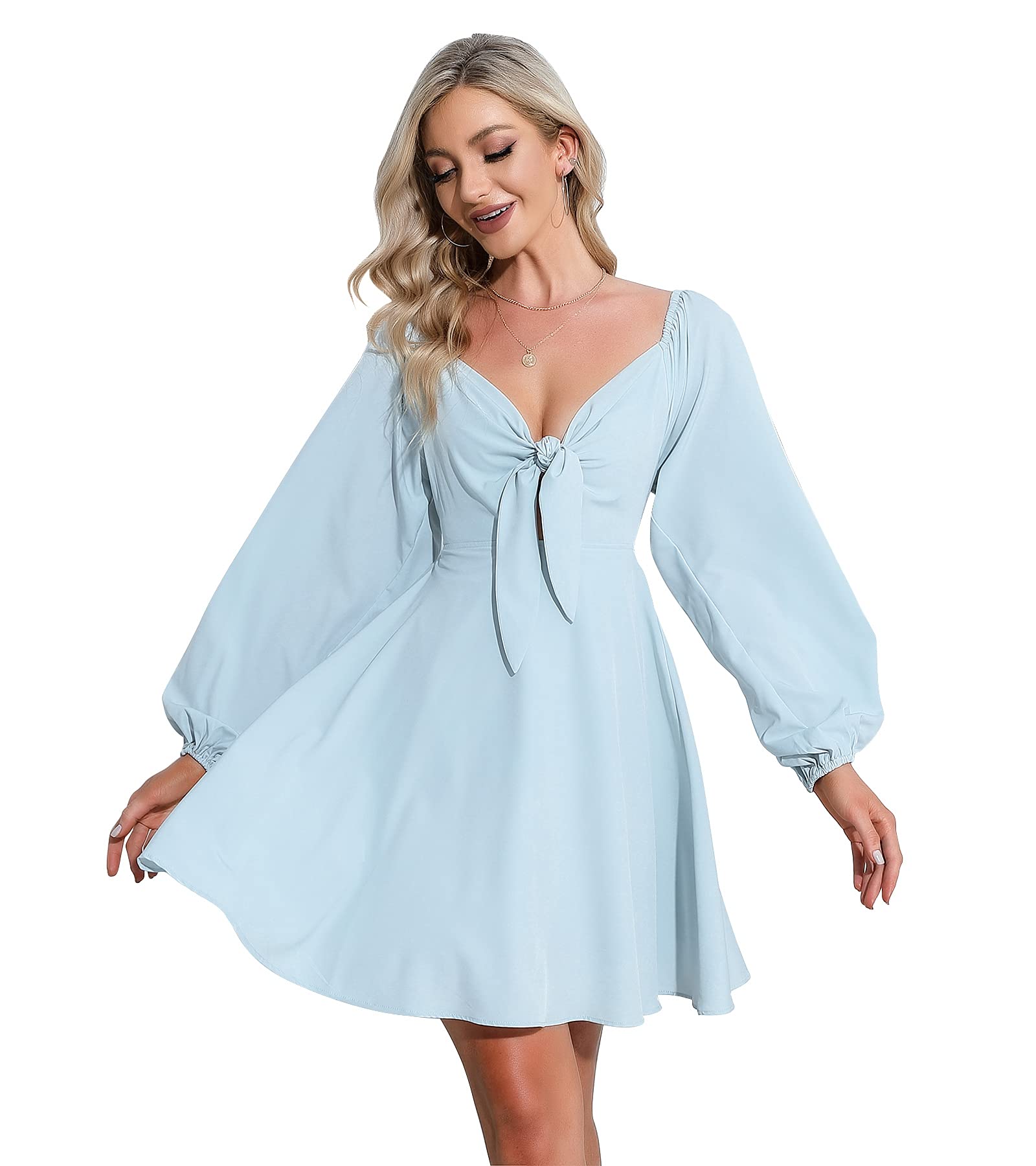EXLURA Womens Long Puff Sleeve Party Dress Tie Front Deep V-Neck Swing Mini Dress
