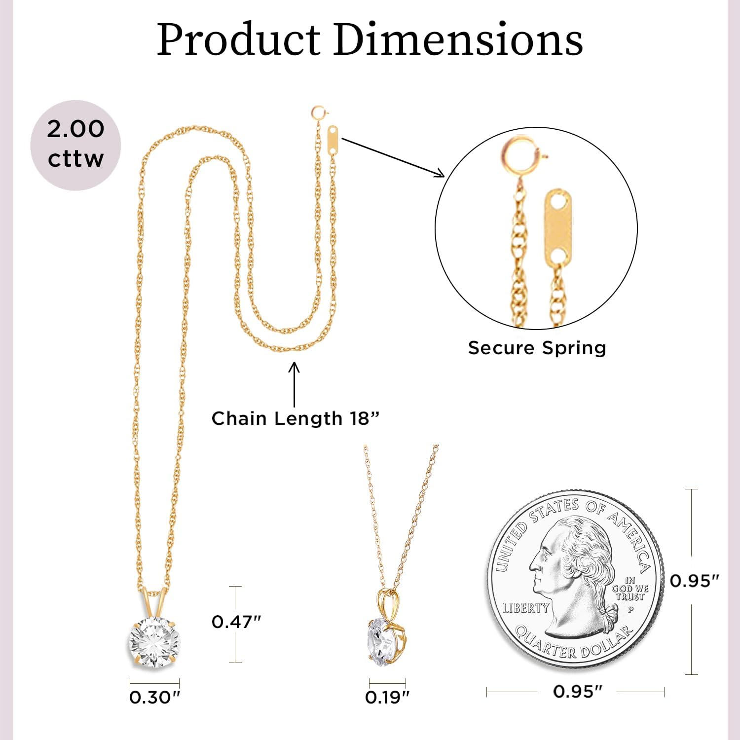 Jewelili 10K Yellow/White Gold Solitaire Pendant Necklace for Women | Dainty Round Cut Cubic Zirconia Gold Necklace | 8.0MM (2.0 CTW)| 18" Rope Chain | Birthday| Gift Box Included