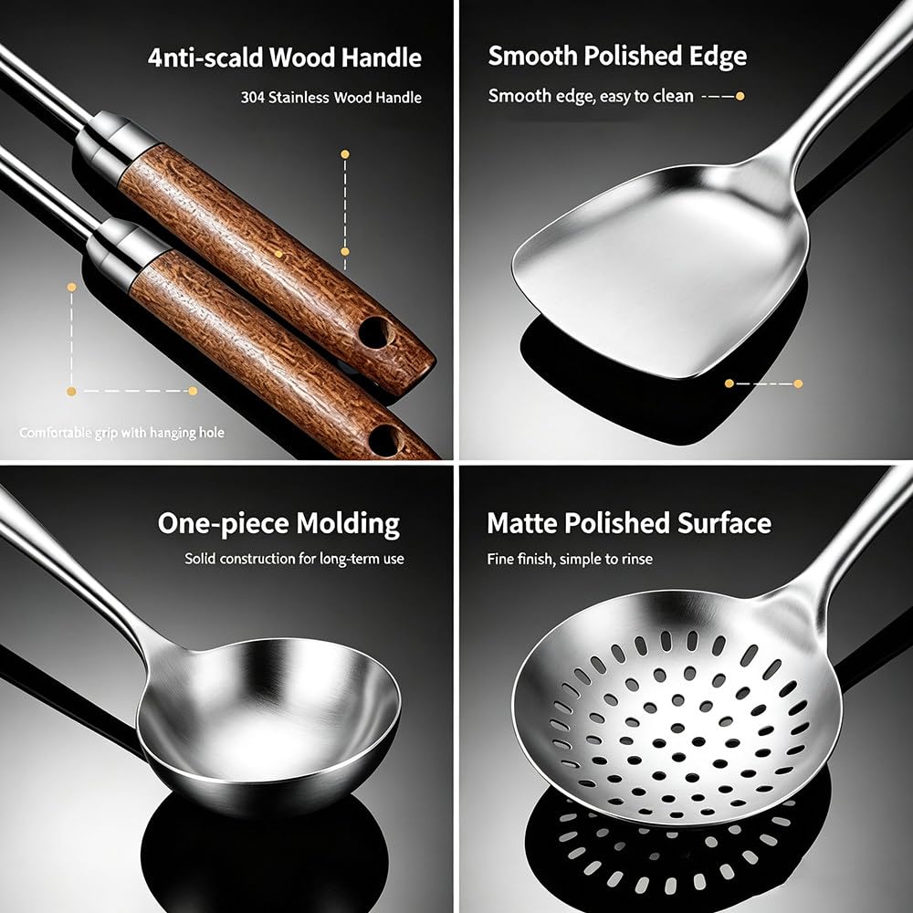 Set di 6 Utensili da Cucina in Acciaio Inox 304 con Supporto Girevole E Manici in Legno Massello Termoisolanti (Spatole, Mestoli, ECC.) per La Cucina di Casa