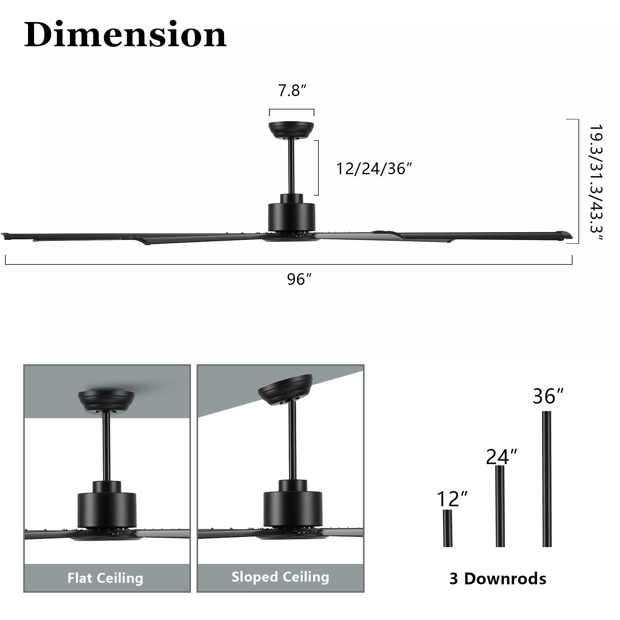 96 Ceiling Fan No Light Black Reversible DC Motor 6 Speed Remote Control Industrial 9 Aluminum Blades with — view 2