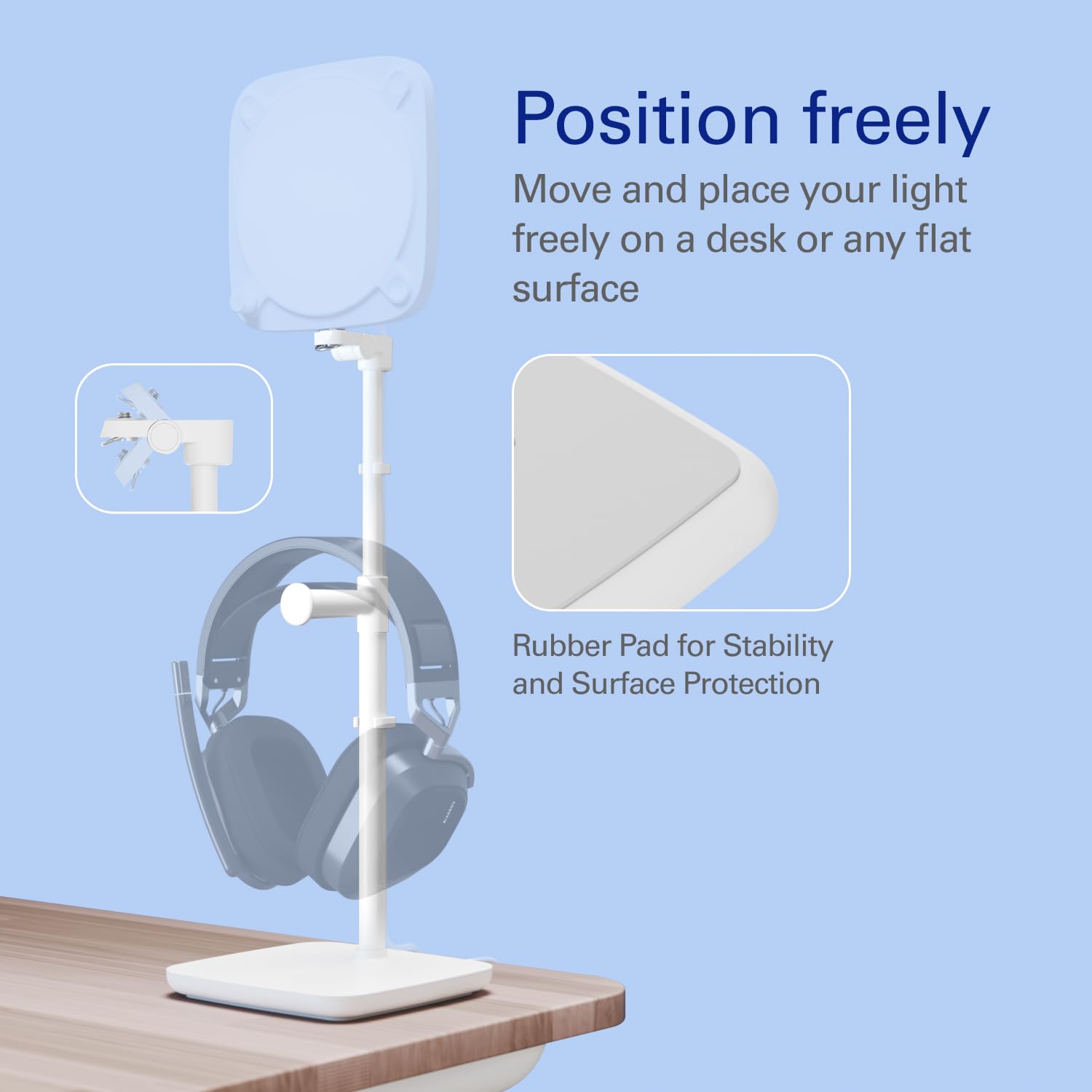 Stand for Key Light Neo – Supporto da scrivania con base appesantita, altezza e inclinazione regolabili, supporto per cuffie, bianco pulito – Per Key Light Neo o Facecam Neo