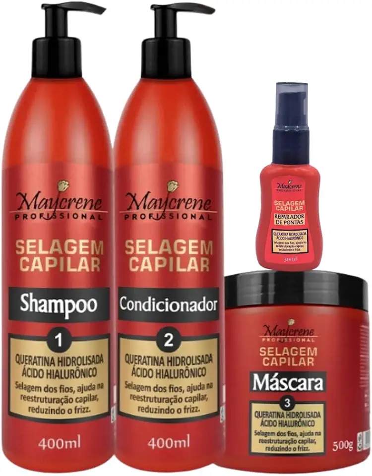 Kit Selagem Capilar Maycrene Profissional Shampoo 400ml Condicionador 400ml Máscara 500g Reparador de Pontas 30ml Sem Adição de Sal