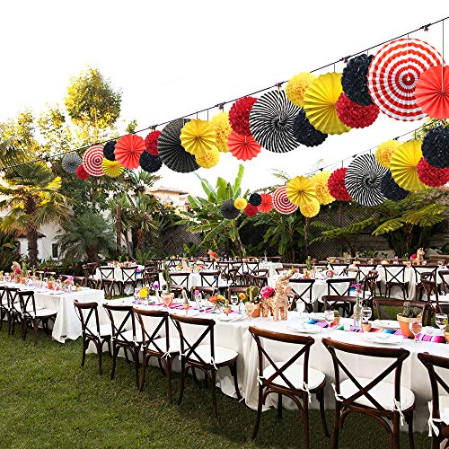Image of Red Yellow Black Hanging Paper Party Decorations, Round Paper Fans Pom Poms Flowers Set for Mickey Mouse Theme Firetruck Birthday Wedding Graduation Baby Shower