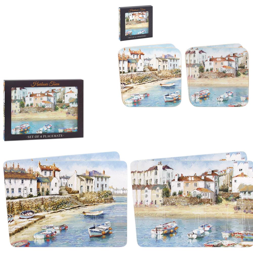 Harbour Town Placemats and Coasters Set of 4 of Each with Wipe Clean Finish with Corked Back for Dinner & Dining Room Table โ image 1