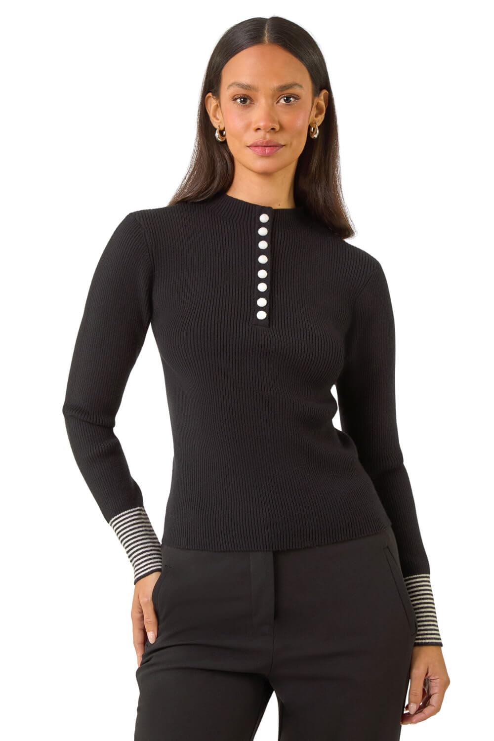 Roman Originals Women's Black Dusk Fashion Buttoned Ribbed Knit Jumper For Uk - Everyday Autumn Winter High Neckline Comfy Soft Evening Vacation Work Party Night Out - Size 12