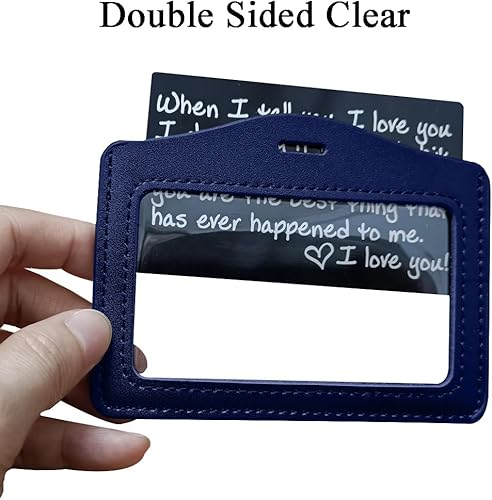 Miniatura 3 de Larpur Paquete de 2 portatarjetas de identificación, estuche horizontal de cuero con ventana de identificación transparente, color azul, doble cara