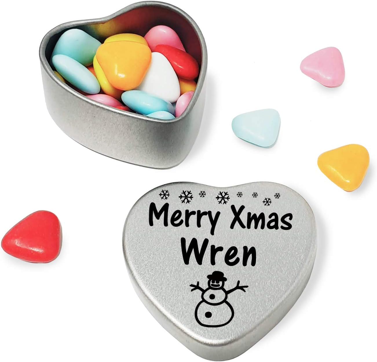 Gift In Can Merry Xmas Wren Heart Shaped Mini Tin Gift filled with mini coloured chocolates perfect christmas card alternative for Wren Fun Festive Snowman Design