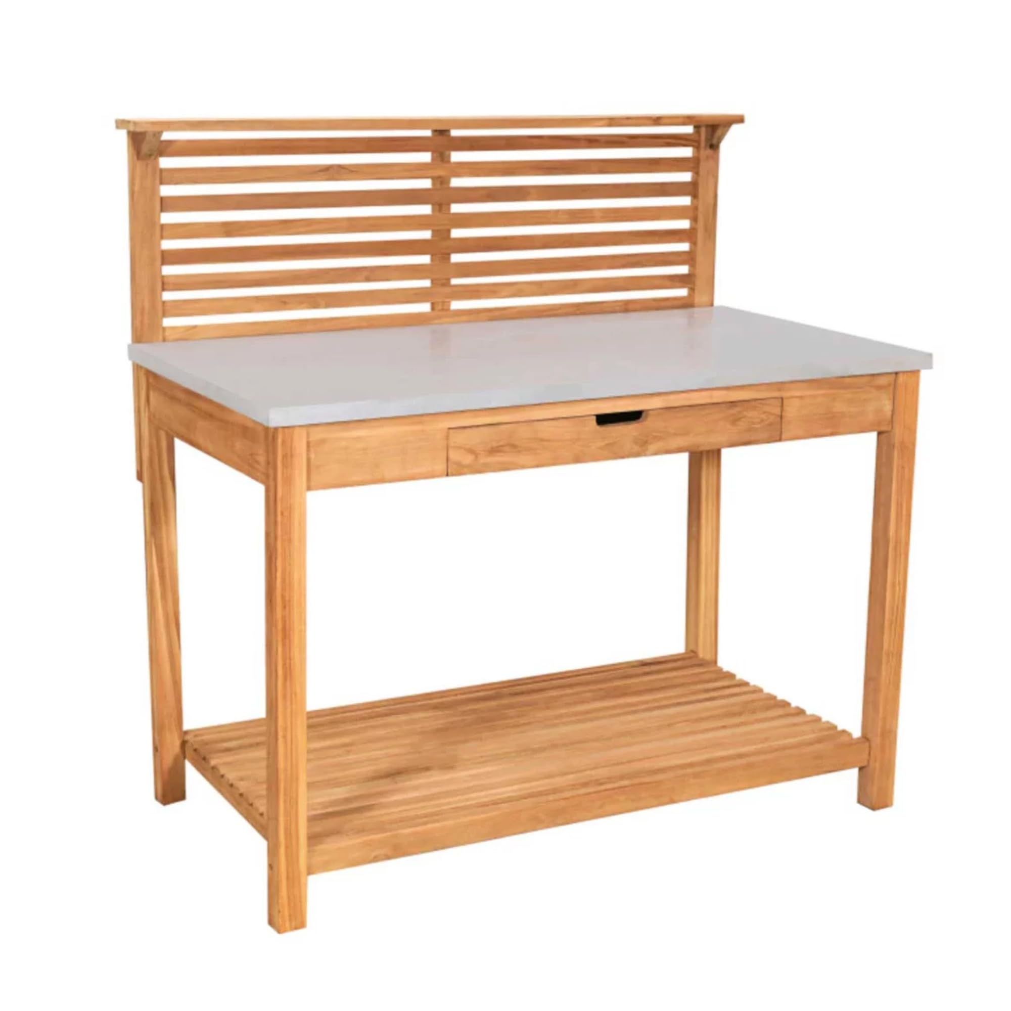 MR. DEKO Pflanztisch Hampton Teakholz mit Schublade | Gartentisch Verzinkte Arbeitsplatte Wetterfest | Umtopftisch Garten-Bar | Outdoor-Arbeitstisch Stauraum-Regal | Pflanztisch 115x66x124cm