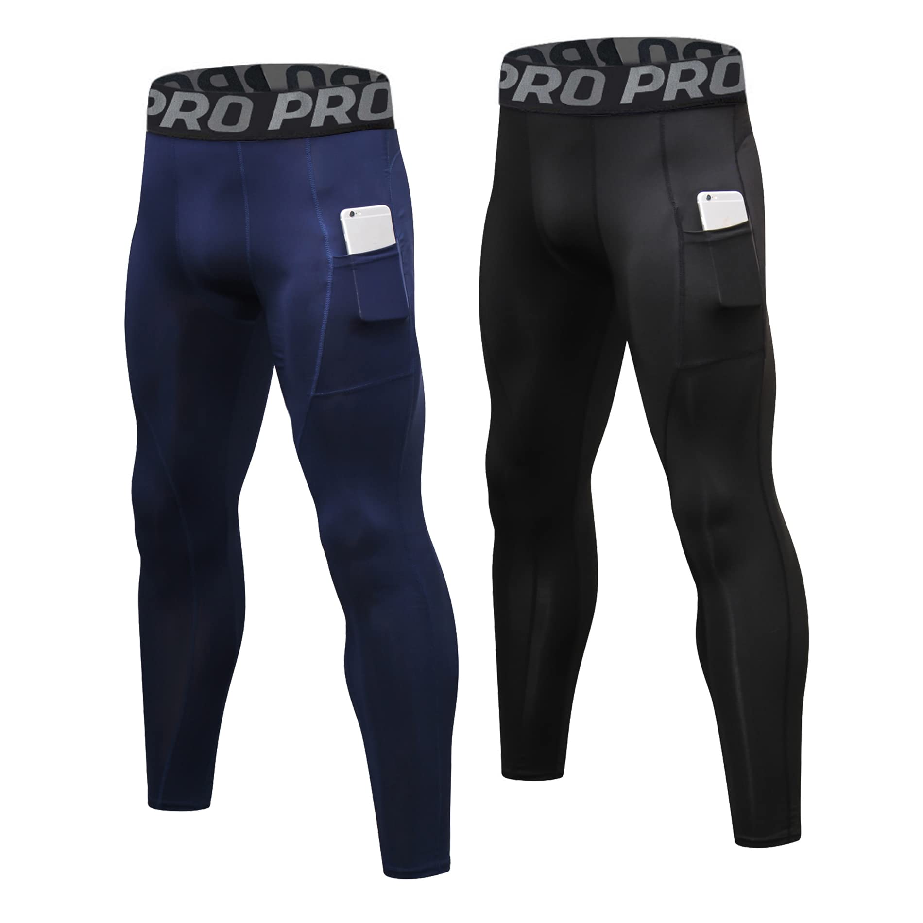 YUSHOW 2 Pack Mens Compression Leggings Cool Dry Running Base Layer with Pockets Sports Tights for Workout Athletic Training Gym