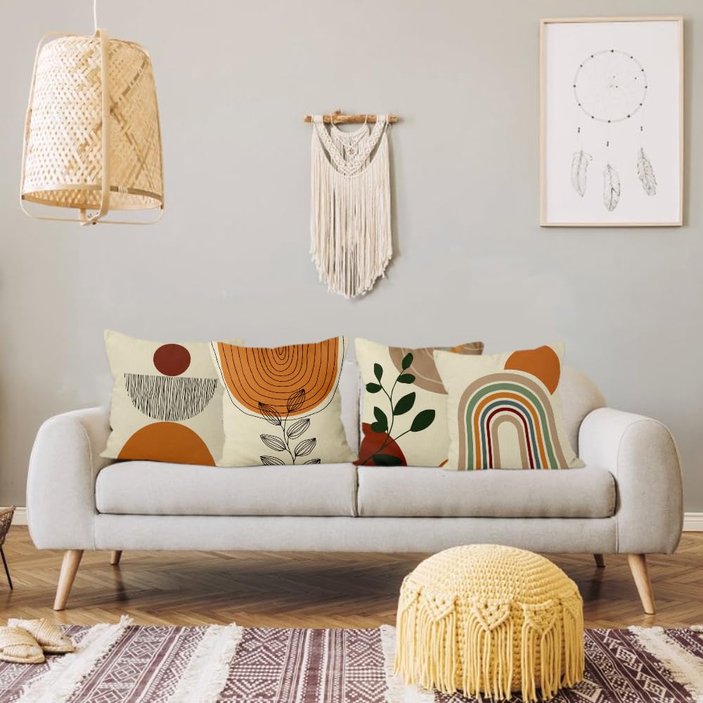 Set di 4 federe per cuscini in stile bohémien, 40 x 40 cm, stile bohémien, stile bohémien, arcobaleno, in cotone e lino, color terracotta, set da 4 pezzi (senza inserti)
