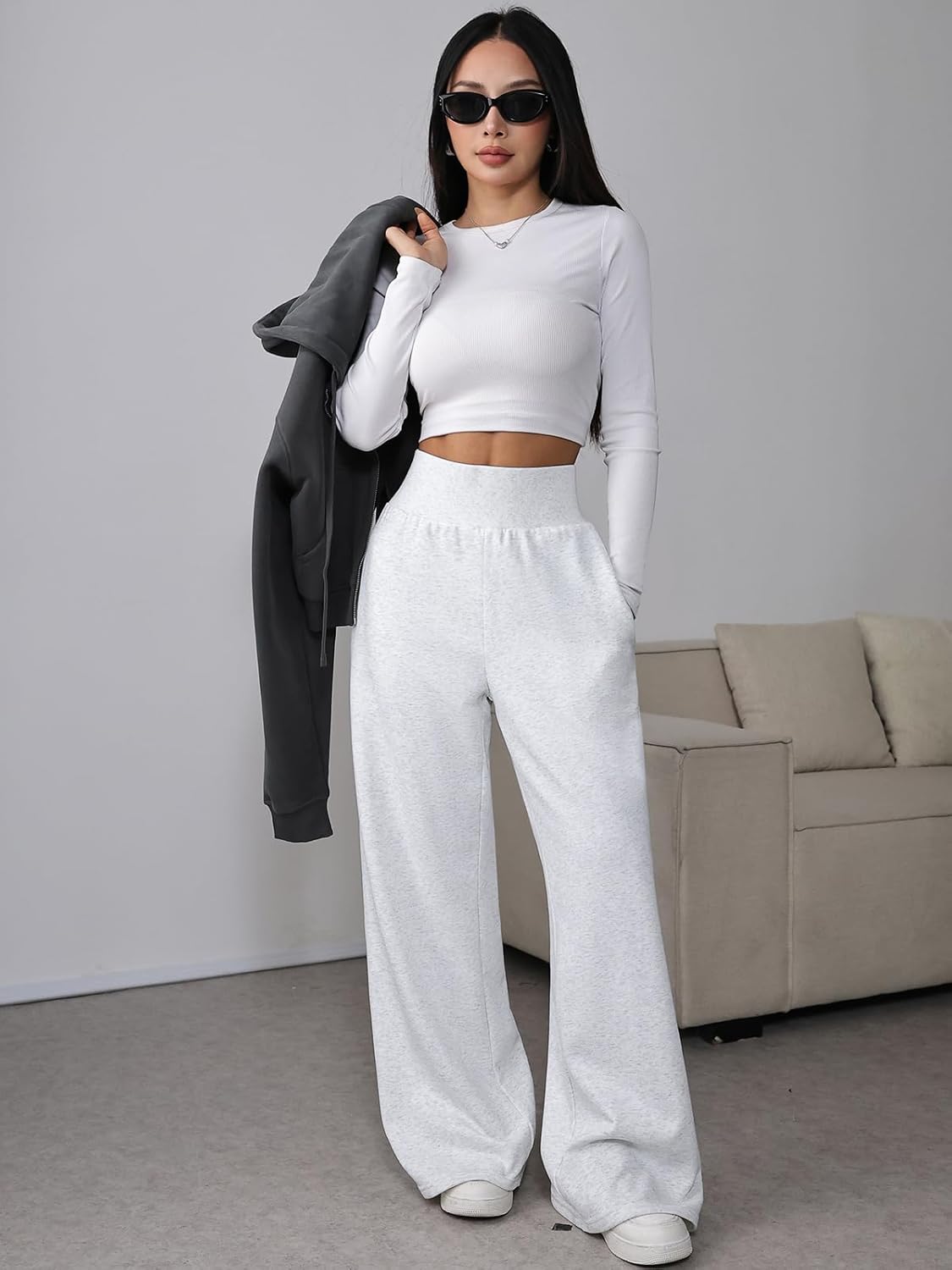 Women's Wide Leg Sweatpants Baggy Ribbed High Waist Straight Leg Casual Loose Fit Sweat Pants with Pockets - Image 4