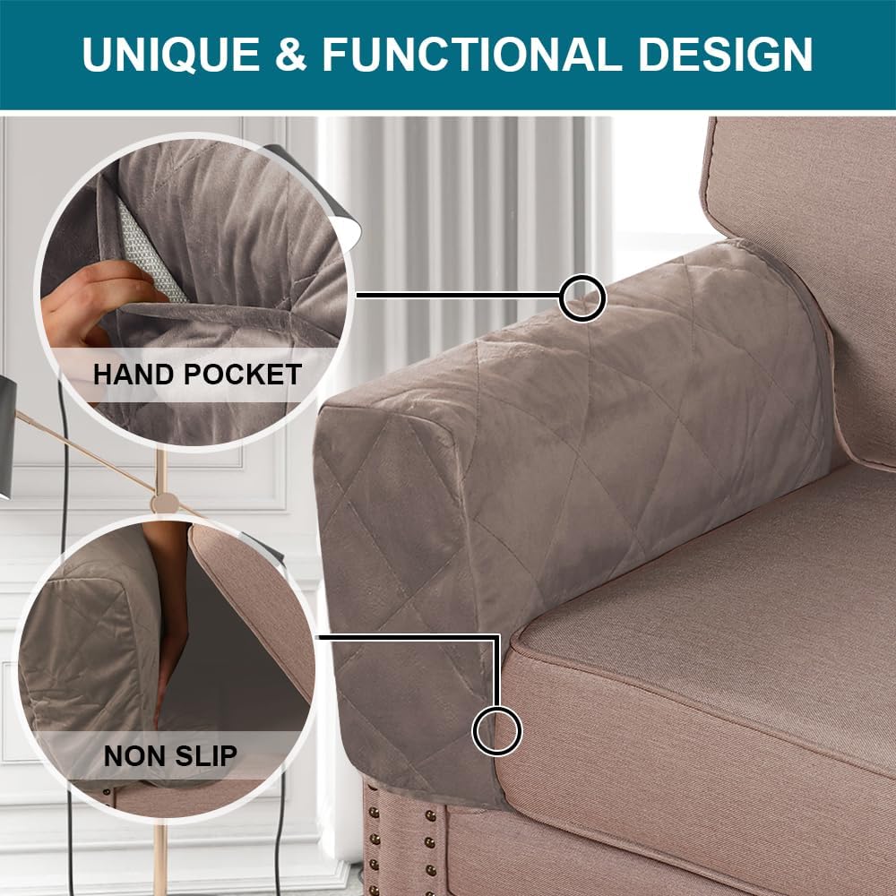 Velvet Quilted Armrest Covers - Water-Resistant Sofa Arm Protectors Set of 2 with Side Pocket Organizer, Non-Slip Furniture Covers for Chairs & Couches (Taupe)