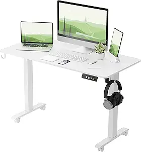 TIQLAB Standing Desk 47 x 24 inch, Electric Height Adjustable with Splice Board, Stand Up Desk, Sit Stand Desk Computer Desk for Home Office, White Frame/White Top