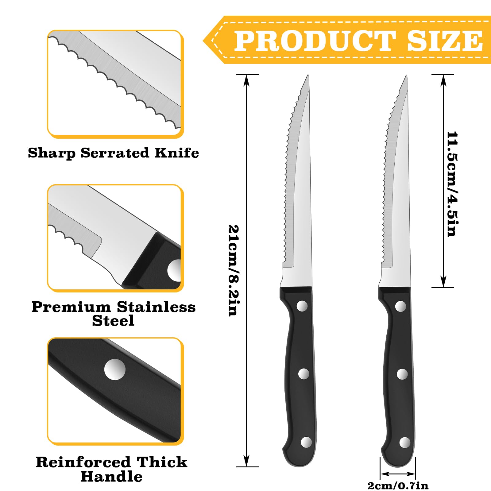 10 Stück Messerset, Steakmesser Set 21 cm, Edelstahl mit Wellenschliff, Scharfe Klingen, Tafelmesser Silber, Robuste Kunststoffgriff