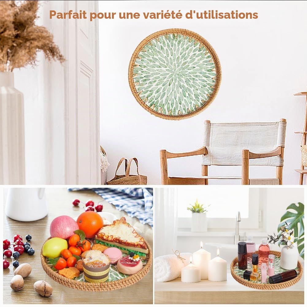 CREATCABIN Plateau Rond Rotin Plateau Service Rotin Tressé Base Bois Panier Tissé Main Panier Décoratif Osier Organisateur pour Décoration Table Rangement Affichage Déjeuner Vert 30x30x2.8cm