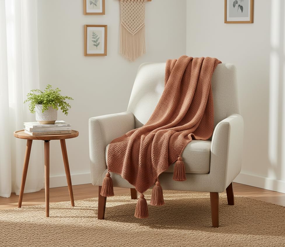 Image of Furnistitchs Plain Solid Knitted Sofa Throw Blanket 50x60 inches / 125x150 cms| Cotton Plain Knit with Tassels | Aesthetic Bohemian Decorative Couch Throws for Living Room & Bedroom (Rust)