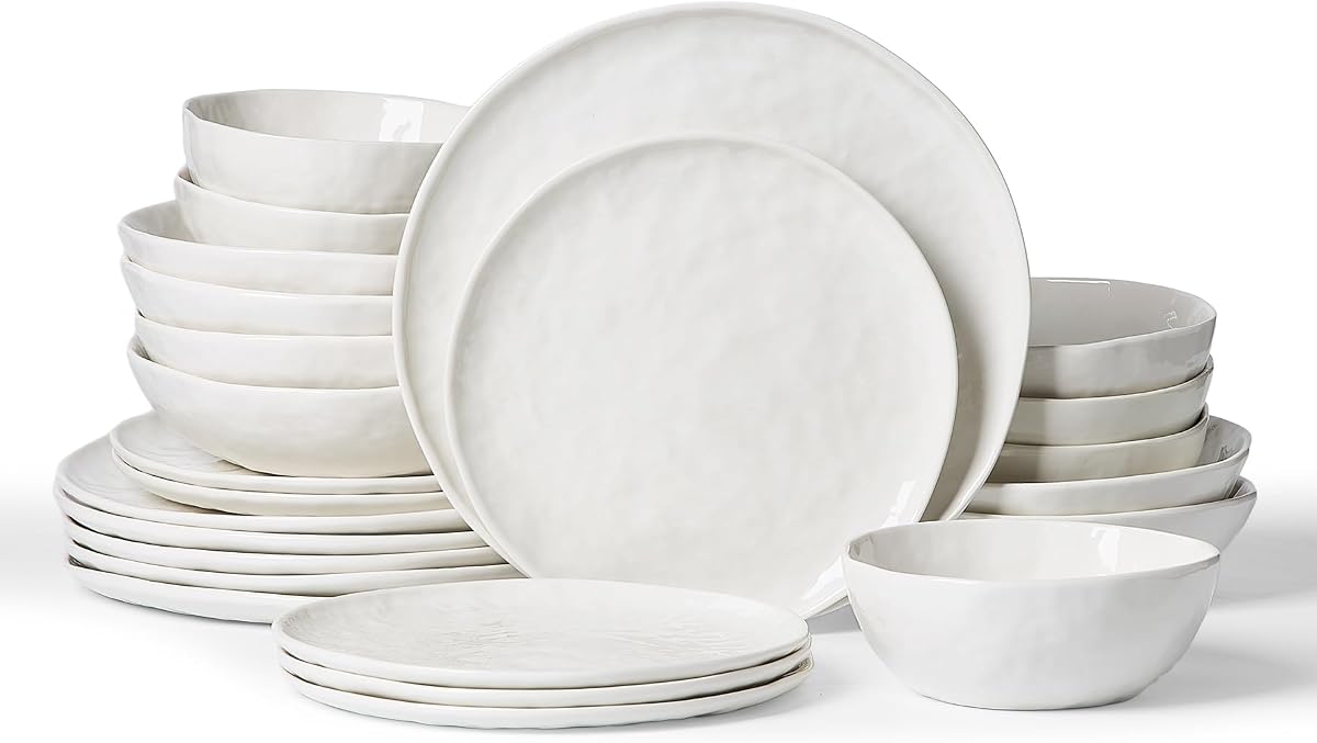 Famiware Porcelain Dinnerware Set for 6, 24-Piece, Polar White | Kitchen Plates and Bowls Set, Handmade Wave Edge, Microwave Safe, Dishwasher Safe