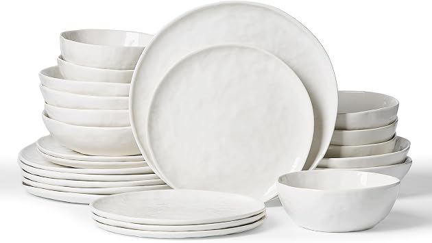 Famiware Porcelain Dinnerware Set for 6, 24-Piece, Polar White | Kitchen Plates and Bowls Set, Handmade Wave Edge, Microwave Safe, Dishwasher Safe