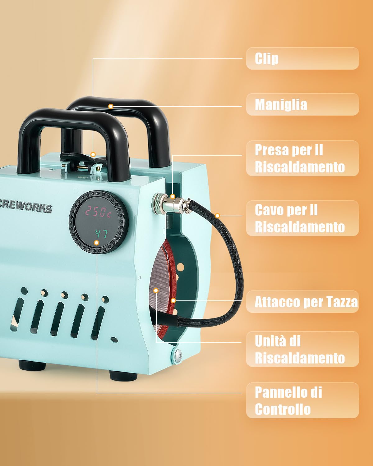 CREWORKS Pressa a Caldo per Tazze 265-440 ml Mini Pressa Tazze per Sublimazione Termopressa per Tazze Portatile con LCD Controllo della Manopola Tempo e Temperatura Regolabile per Bicchieri Tazze