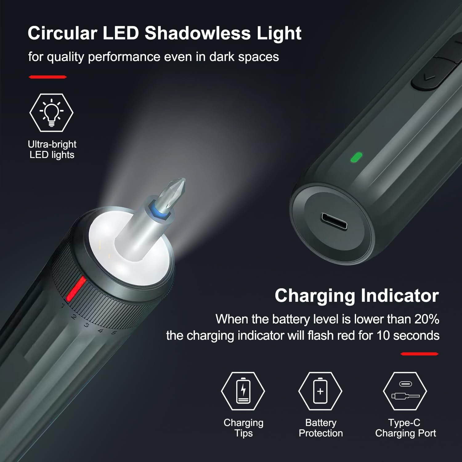 Screwdriver with LED light and Type-C charging port