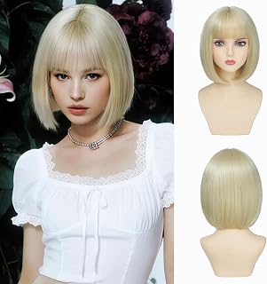 Blonde Bob Wig with Bangs 12 Inch Short Straight Synthetic Wig for Women Girls Natural Looking Heat Resistant Glueless Cute Wig for Daily Party Halloween Cosplay