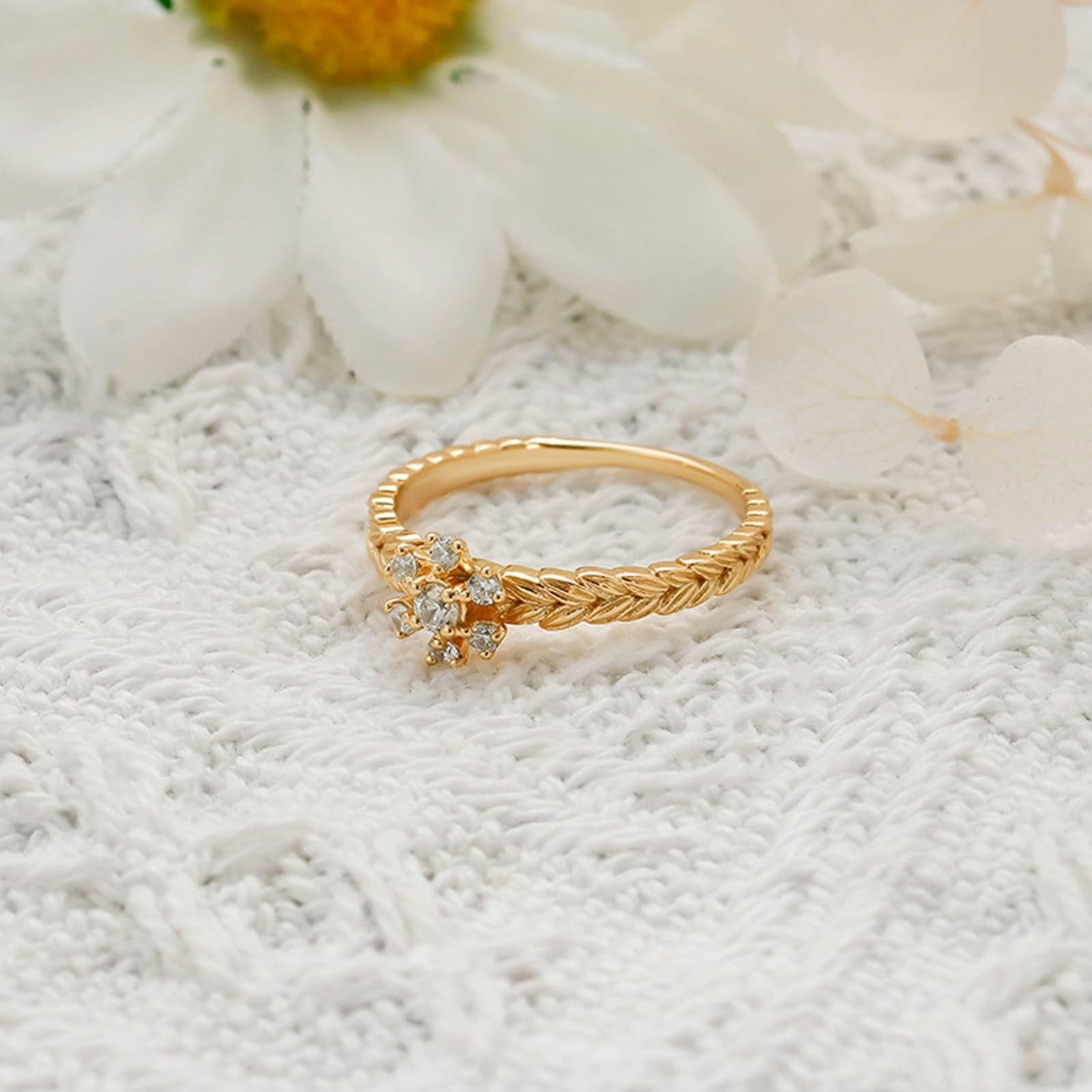 Alianzas de oro amarillo de 9 K/14 K/18 K con moissanita, dientes de trigo, flores, anillos de pareja