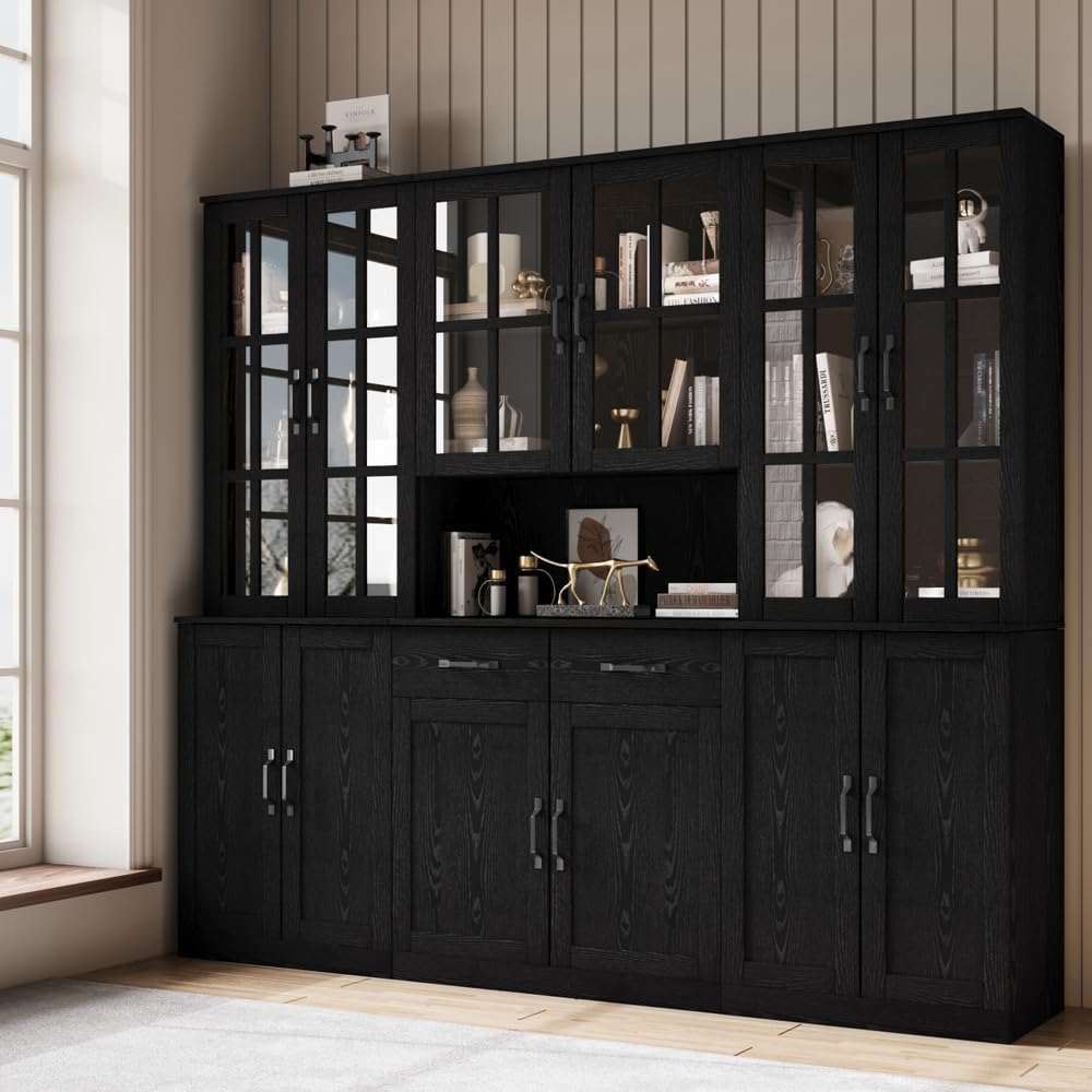 Bibliothèque Vitrine Avec Portes En Verre 180cm - Meuble De Rangement 6 Niveaux, Blanc, Pour Salon, Bureau Ou Cuisine