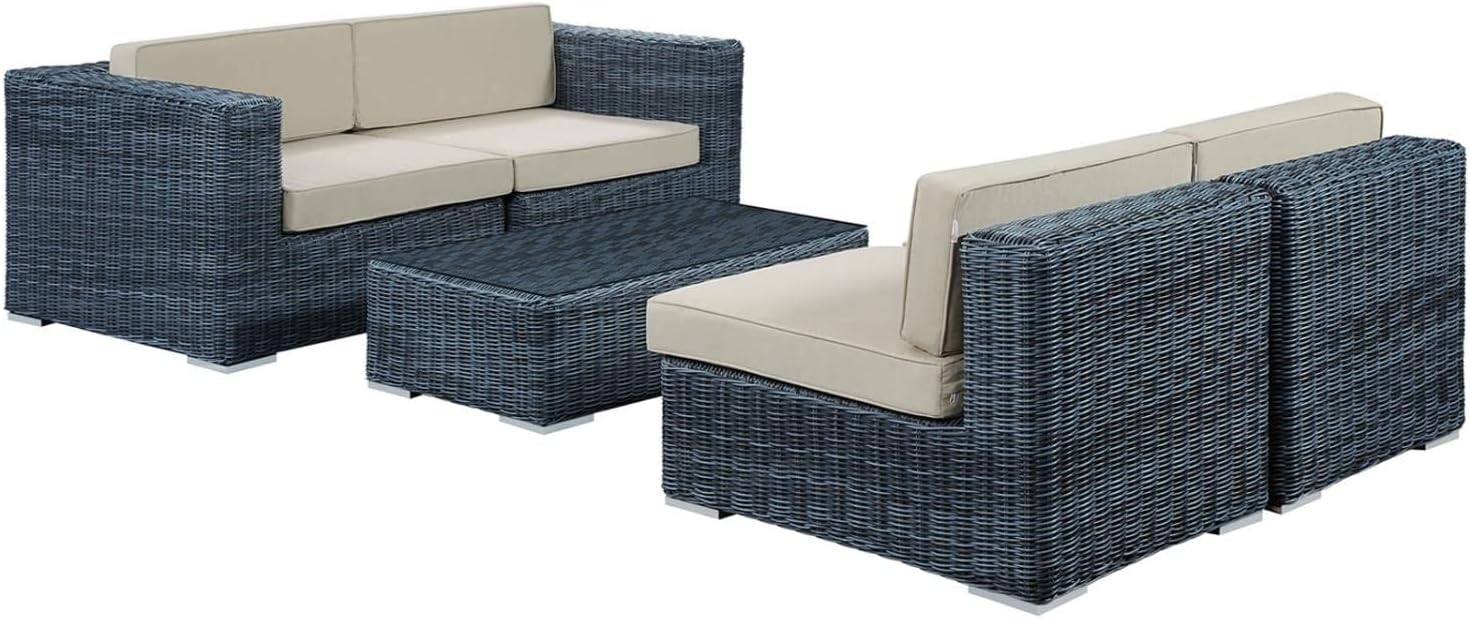 LexMod Summon 5 Piece Outdoor Patio Sectional Set, Canvas Antique Beige