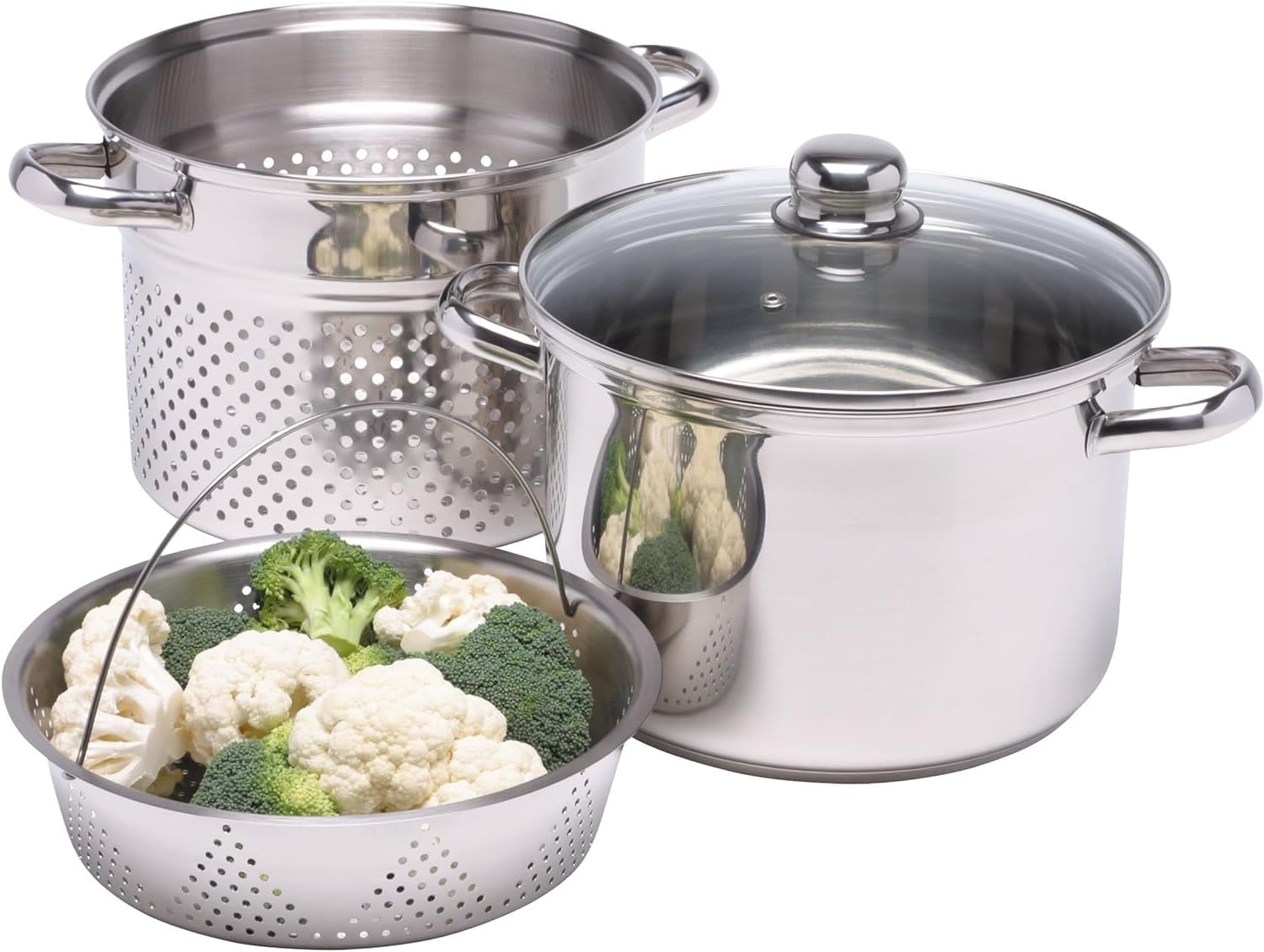 Nobel 4pc Stainless Steel Multi-Purpose Stock Pot Set with Pasta Pot, Vegetable Steamer with Removable Strainer and Steamer Basket, Glass Lid, 4 litres, Silver Finish, Suitable for All Hobs