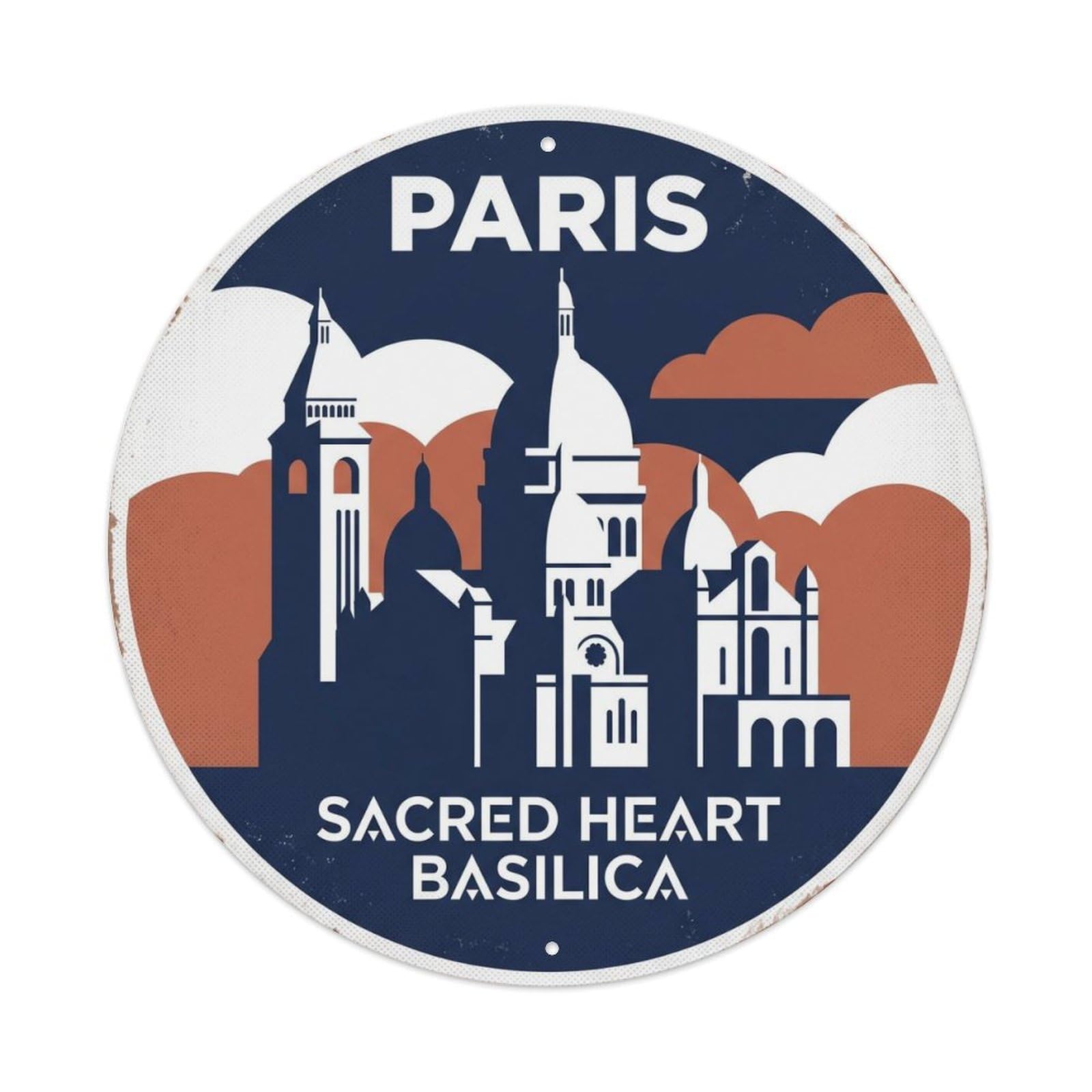 Vintage Travel Sacred Heart Paris Basilica Metal Tin Sign Plaque Wall Decor for Cafe, Club, Garden Round Metal Poster 8x8Inch