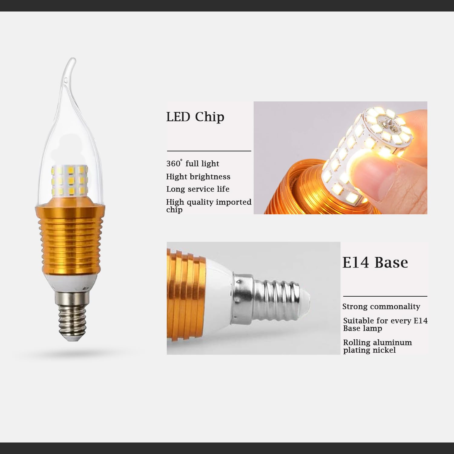 Bombilla LED para candelabro, base E14, bombilla LED para candelabro, punta doblada de llama de vela, 5 W, 110-220 V, luz fría de 3 colores (5 W)