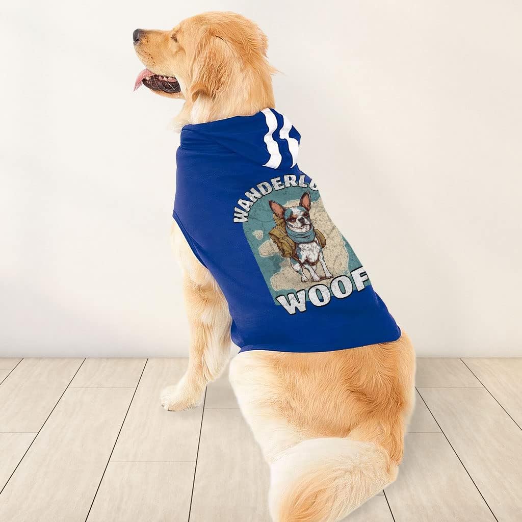 Woof Dog Shirt with Hoodie - Traveling Dog Hoodie - Colorful Dog Clothing - Royal White, XL