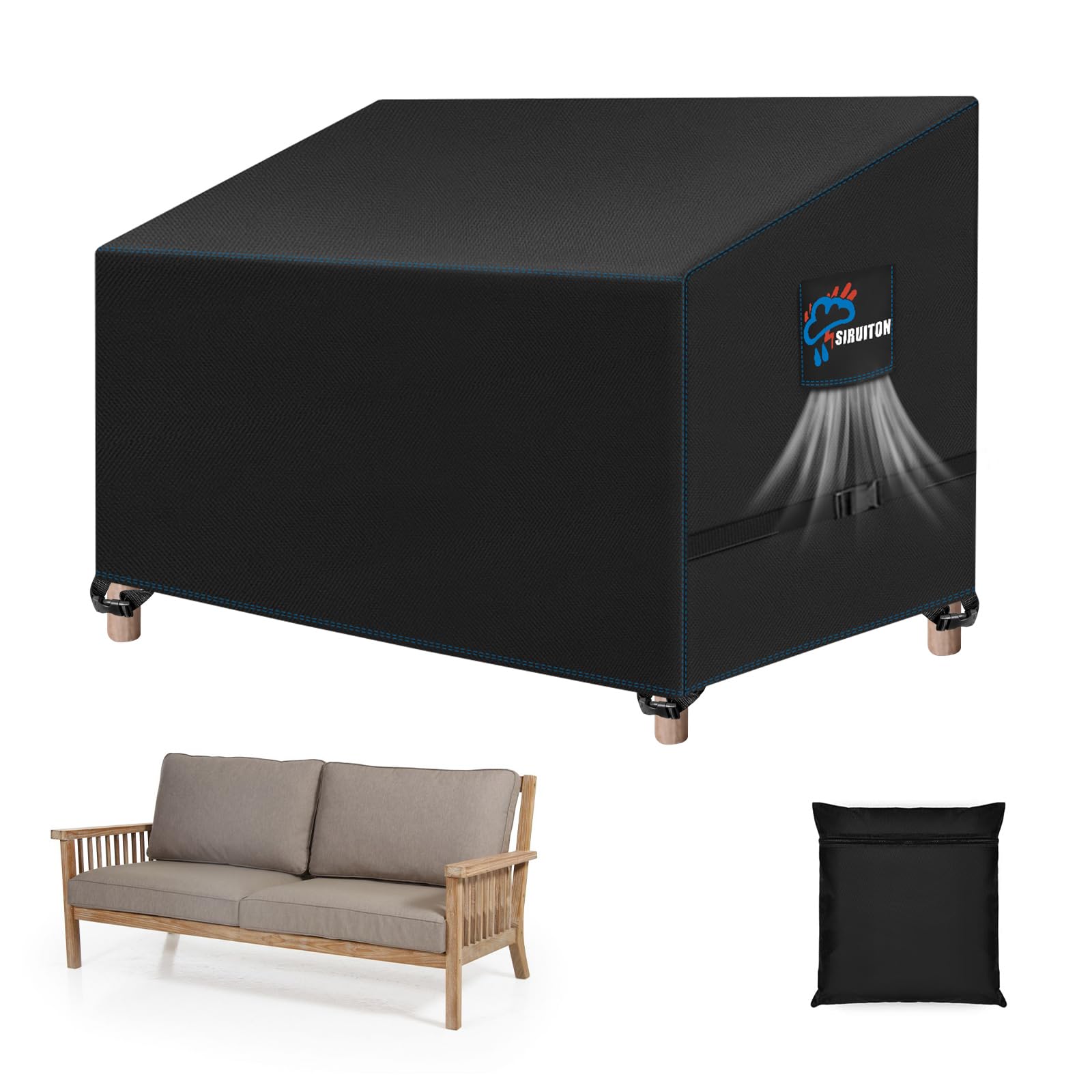 SIRUITON 2-Seat Heavy Duty Garden Patio Sofa/Loveseat/Bench Cover,100% Waterproof Outdoor Sofa Cover, Lawn Patio Furniture Covers Black, 51" W x 27" D x 35" H