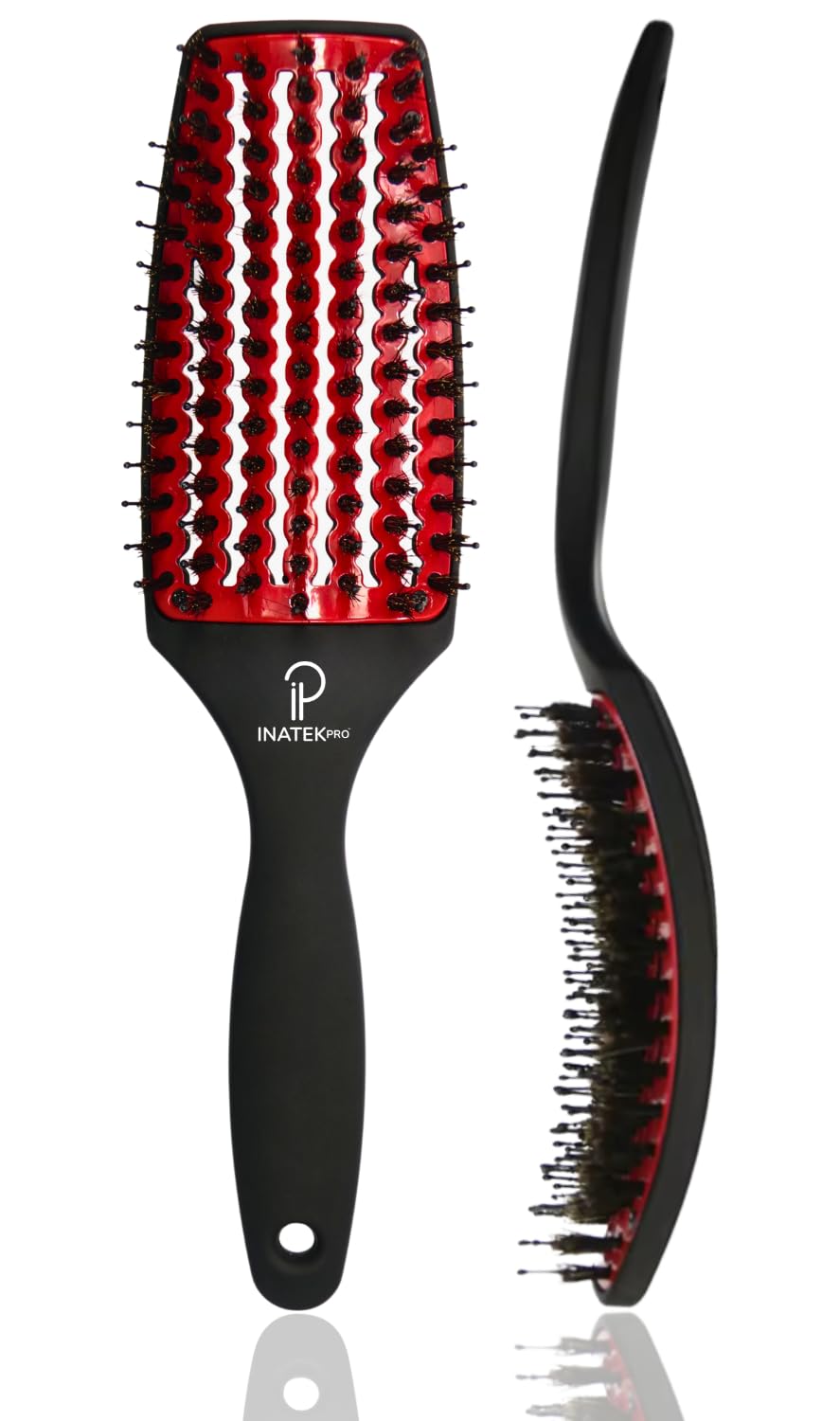 Curved Vented for Blow Drying - Boar Bristle Brush (Medium) with Comfortable Handle - Soft Bristle Brush for Thick and Fine Hair - Natural Boar Bristles for Women, Men & Kids - RED
